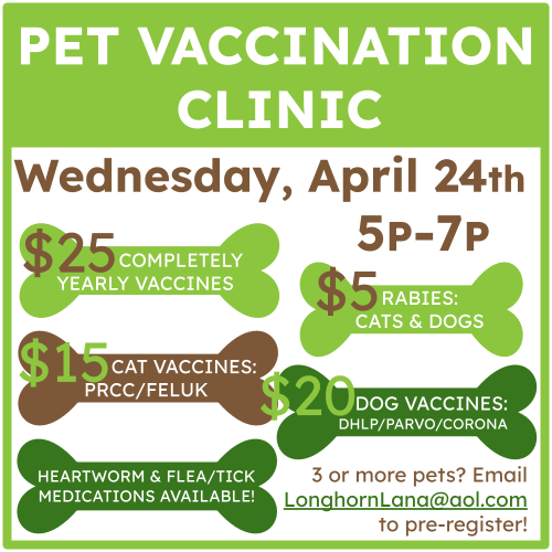 Pet Vaccination Clinic. Wednesday, April 24th. 5p-7p